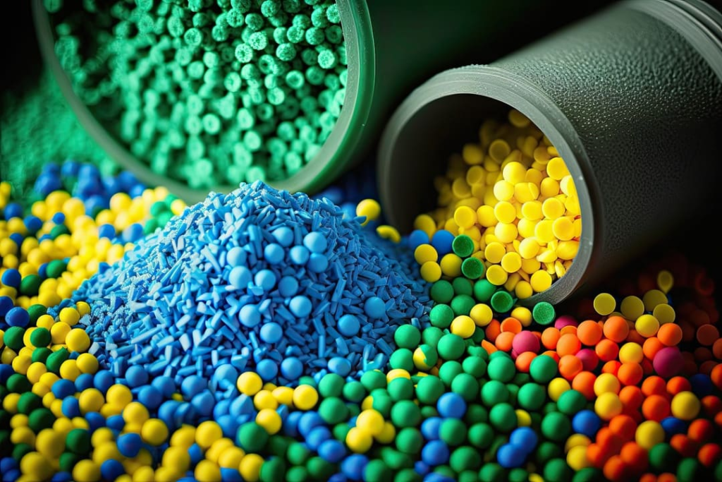 Claro! Aqui vai a versão resumida:

---

**Descrição resumida da imagem:**  
Grânulos plásticos coloridos (verde, azul, amarelo, laranja e outros) espalhados e saindo de recipientes escuros. Eles são usados como matéria-prima na fabricação de produtos plásticos.
