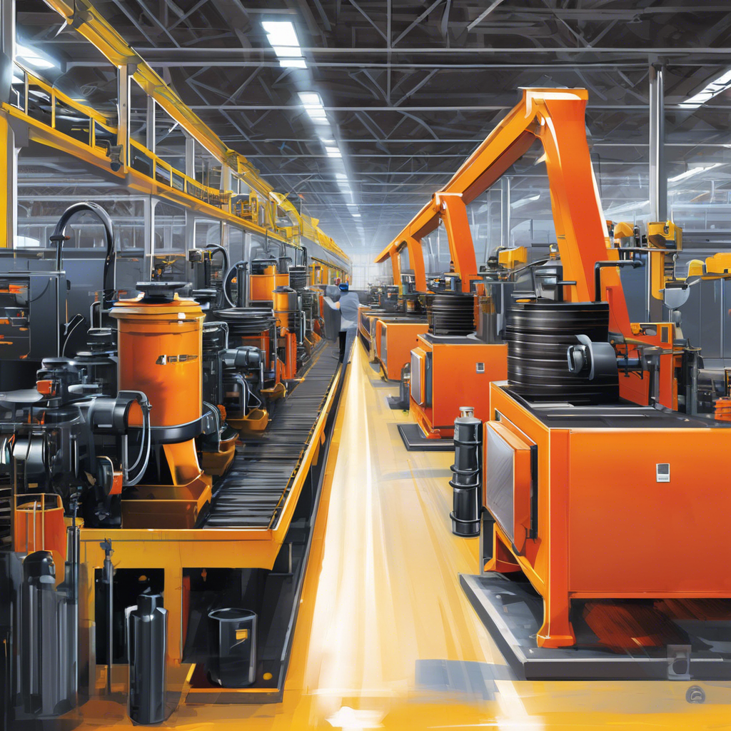 Imagem de uma linha de produção industrial moderna com máquinas automatizadas e robôs laranja operando em série, enquanto um trabalhador caminha entre os equipamentos sob um teto alto e bem iluminado.