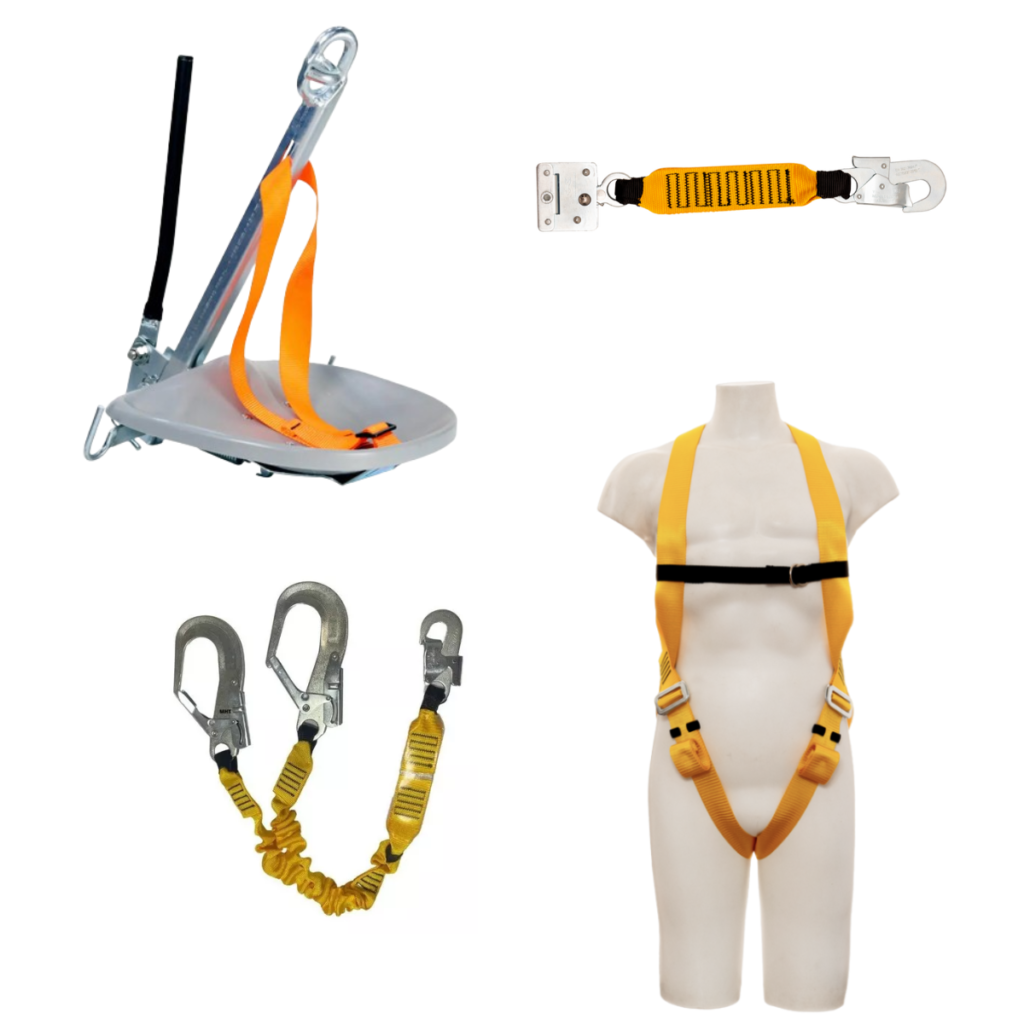 conjunto de itens para trabalho em altura. Um balancim individual, cinto de segurança, talabarte e um trava quedas.