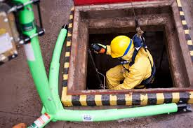 Um trabalhador usando equipamento de proteção, incluindo capacete amarelo, está dentro de um espaço confinado, realizando uma inspeção ou manutenção. Ao redor, há tubos e instrumentos de segurança, indicando que a atividade ocorre em um ambiente industrial subterrâneo ou de grande complexidade.

