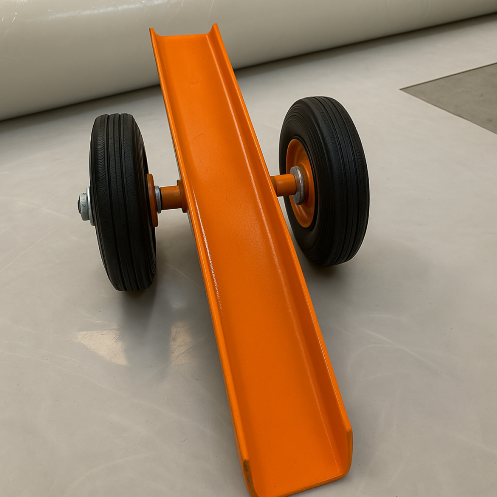 Imagem de uma peça de brinquedo ou acessório de skate com acabamento laranja vibrante. No centro, uma rampa estreita de metal colorido está apoiada sobre dois eixos com rodas pretas de pneu grosso, sugerindo um veículo simples ou um carrinho de treino. A superfície ao redor é plana e neutra, realçando o contraste entre o laranja da peça e o piso claro.