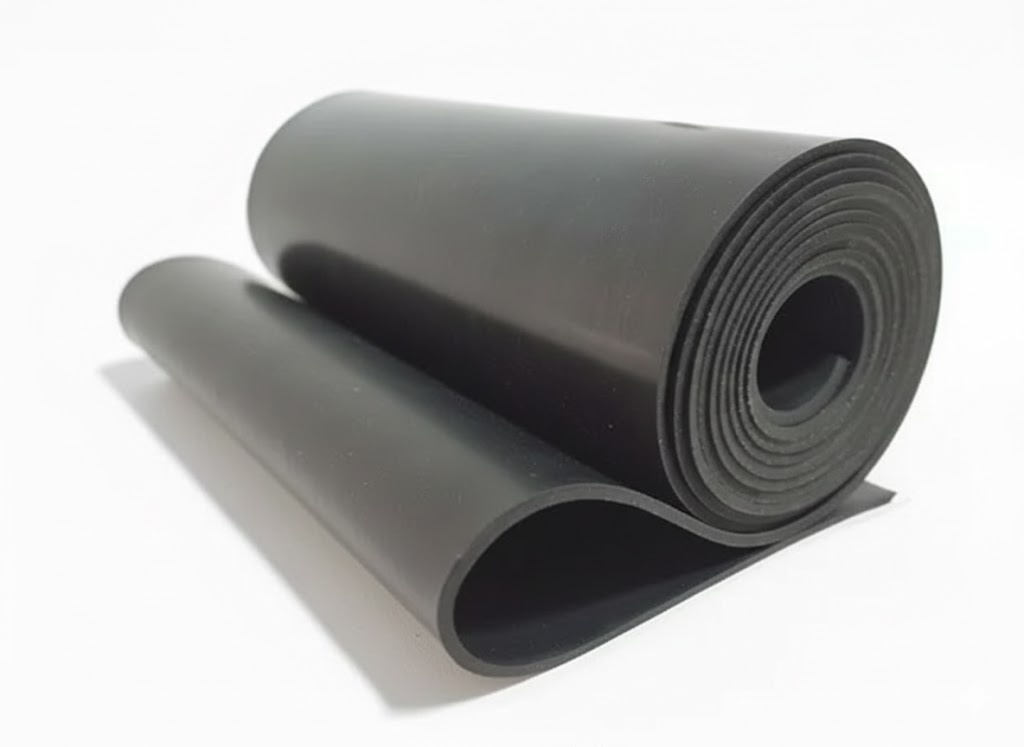 Uma folha de borracha preta enrolada, com textura lisa e flexível, parcialmente desenrolada sobre um fundo branco, mostrando sua espessura e bordas em camadas, comumente usada para fins industriais.