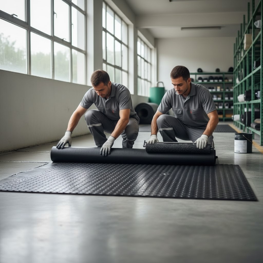Dois trabalhadores instalando ou instalando: estão abaixados no chão, desenrolando uma esteira de piso preta em uma área de armazém ou fábrica. Ambos usam uniformes cinza e luvas brancas, com prateleiras e materiais industriais ao fundo. A iluminação natural entra pelas grandes janelas, destacando o ambiente de trabalho limpo e organizado.
