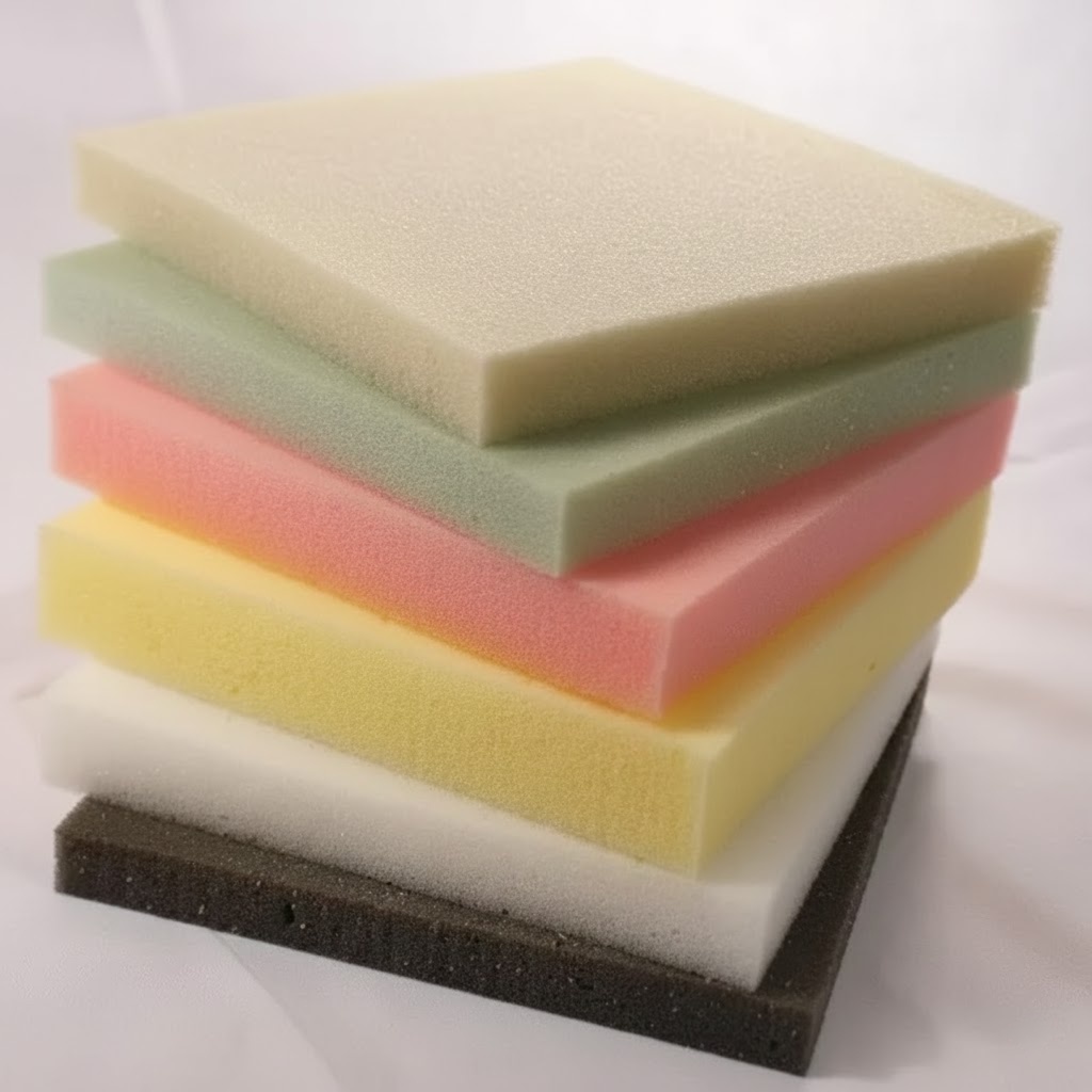 Uma pilha de placas retangulares de espuma em várias cores, incluindo bege, verde, rosa, amarelo, branco e cinza escuro. Cada placa tem uma textura lisa e porosa, e elas estão dispostas ordenadamente umas sobre as outras contra um fundo suave e neutro.