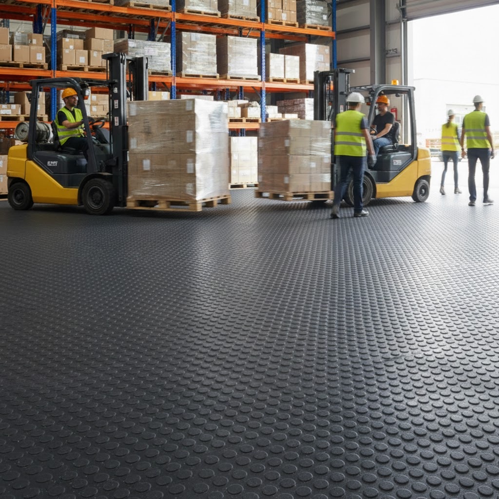 
Esta imagem apresenta um cenário industrial dinâmico focado em um piso de borracha tipo moeda na cor preta, que ocupa o primeiro plano e se estende por todo o armazém. A textura de círculos em relevo (piso moeda) é nítida, destacando suas propriedades antiderrapantes para ambientes de alta circulação.